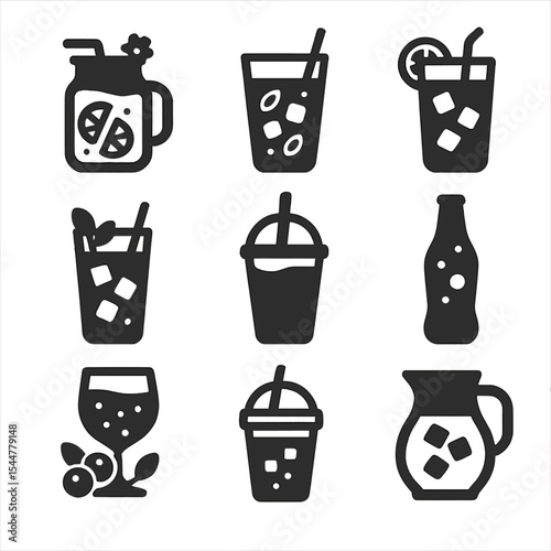 Refreshing Drink Icons. Solid, filled icons set of refreshing drinks to pair: lemonade jar, fruity punch, iced