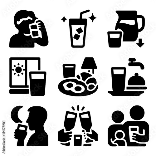 Refreshment Icon Set. Solid, filled icons set of refreshing drink moments: morning hydration, cool sip, fresh