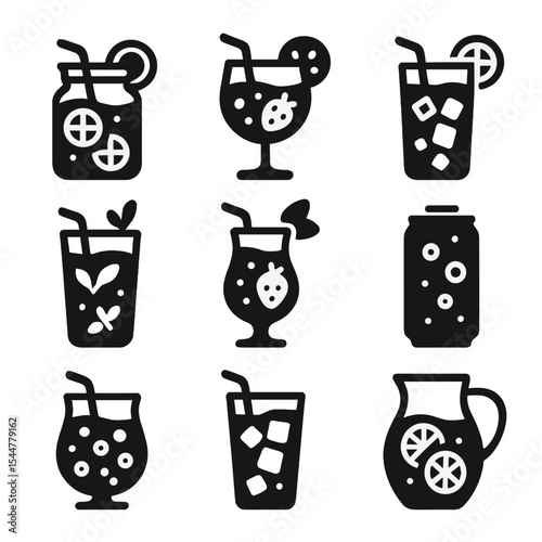 Refreshing Drink Icons. Solid, filled icons set of refreshing drinks to pair: lemonade jar, fruity punch, iced
