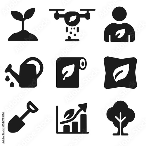 Reforestation Icons Grid. Solid, filled icons set of reforestation programs: seedling, drone planter, eco
