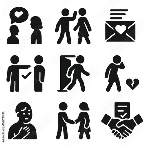 Relationship Closure Icons. Solid, filled icons set of relationship closure: closure talk, saying goodbye,