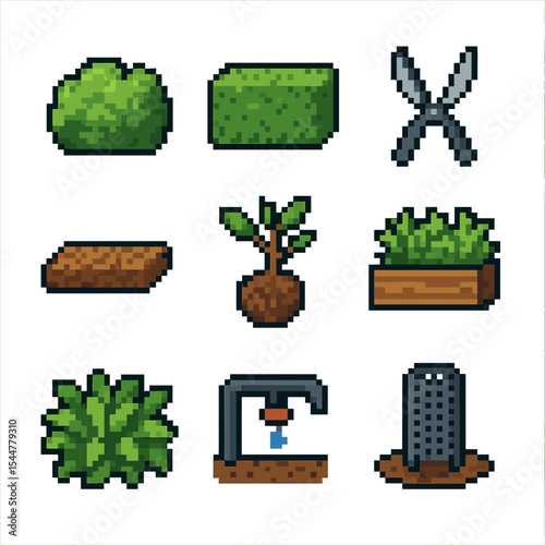 Street Shrubs Icons. Pixel art icon set of street shrubs: shrub bush, trimmed hedge, pruning shears, mulch layer, root ball,