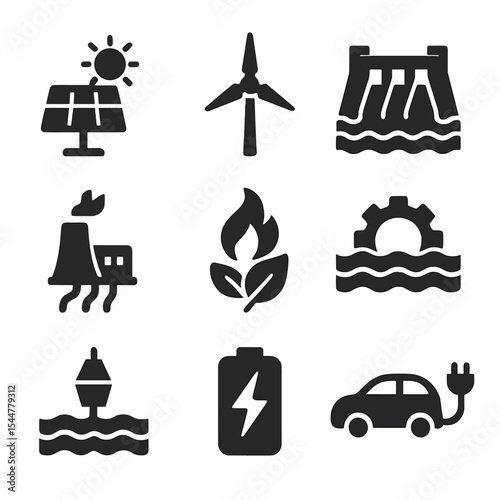 Renewable Energy Icons. Solid, filled icons set of renewable energy: solar panels, wind turbine, hydroelectric