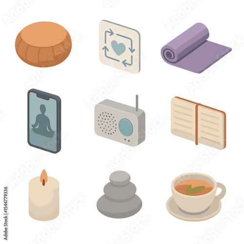 Stress Management Icons. Isometric Flat icon set of stress management techniques: meditation cushion, breathing exercise diagram,