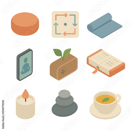Stress Management Icons. Isometric Flat icon set of stress management techniques: meditation cushion, breathing exercise diagram,
