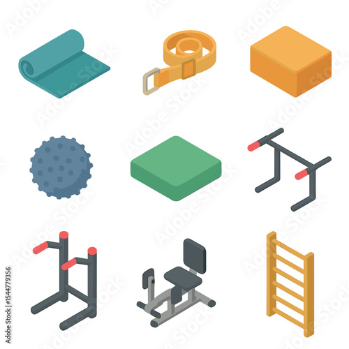 Stretching Equipment Icons. Isometric Flat icon set of stretching equipment: yoga mat, stretching strap, yoga block, massage ball,