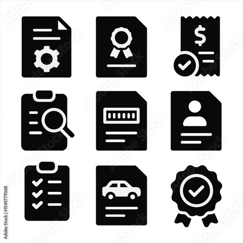 Resale Documentation Icons. Solid, filled icons set of resale and value documentation: maintenance history,