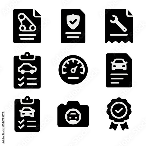 Resale Documentation Icons. Solid, filled icons set of resale and value documentation: maintenance history,