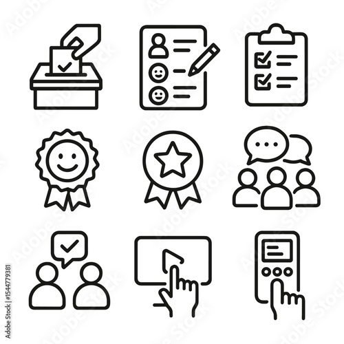 Student Engagement Icons. Outline icon set of student engagement features: suggestion box, feedback form, survey clipboard, reward