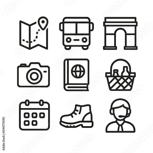 Study Tour Icons. Outline icon set of study tour itineraries: map route, bus icon, landmark monument, camera, guidebook, picnic