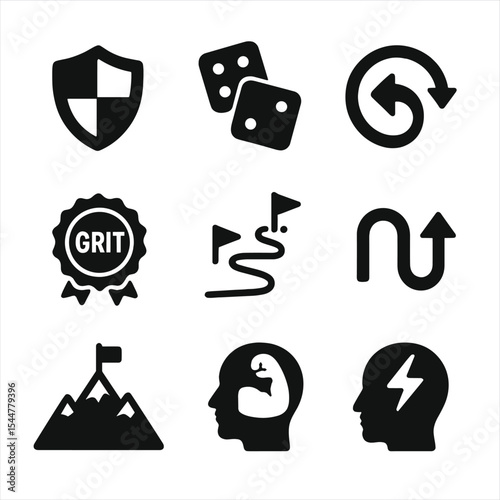 Resilience Icons Collection. Solid, filled icons set of risk-taking and resilience: shield icon, dice roll,