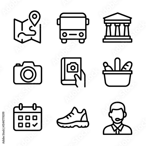 Study Tour Icons. Outline icon set of study tour itineraries: map route, bus icon, landmark monument, camera, guidebook, picnic