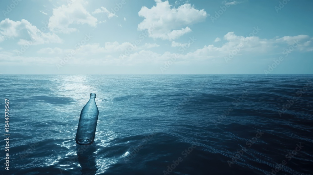 Obraz premium A solitary glass bottle floats on the calm ocean surface under a serene blue sky with light clouds, reflecting light and serenity in nature's vastness