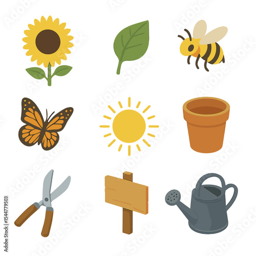 Sunflower Garden Icons. Isometric Flat icon set of sunflower field panorama: sunflower bloom, stem leaf, bee, butterfly, sunbeam,