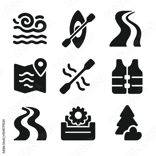 River Adventure Icons. Solid, filled icons set of river adventures: rapid current, kayak, water trail,