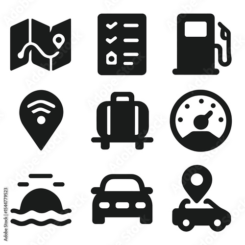 Road Trip Icon Set. Solid, filled icons set of road trip planning tools: folded map, itinerary list, gas