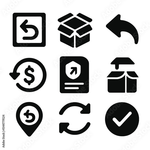 Return Shipping Icons. Solid, filled icons set of return shipping: return label, open box, back arrow, refund