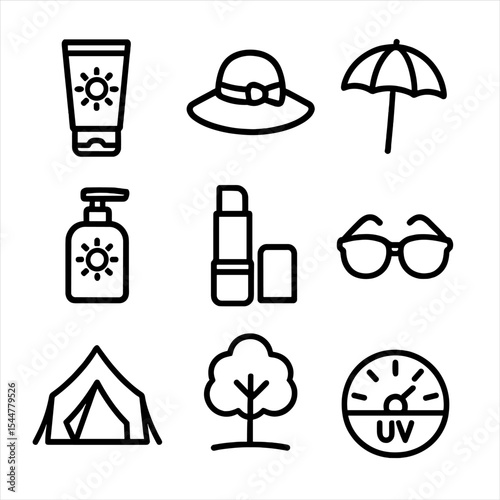 Sun Protection Icons. Outline icon set of sun protection: sunscreen tube, sun hat, beach umbrella, SPF lotion bottle, lip balm,