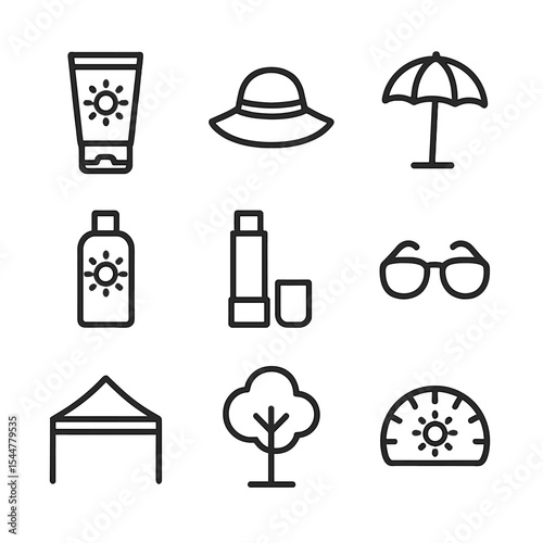 Sun Protection Icons. Outline icon set of sun protection: sunscreen tube, sun hat, beach umbrella, SPF lotion bottle, lip balm,