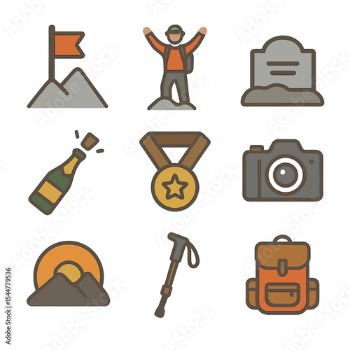 Summit Celebration Icons. Flat icon set of summit celebration: flag planting, cheering climber, summit plaque, champagne bottle,