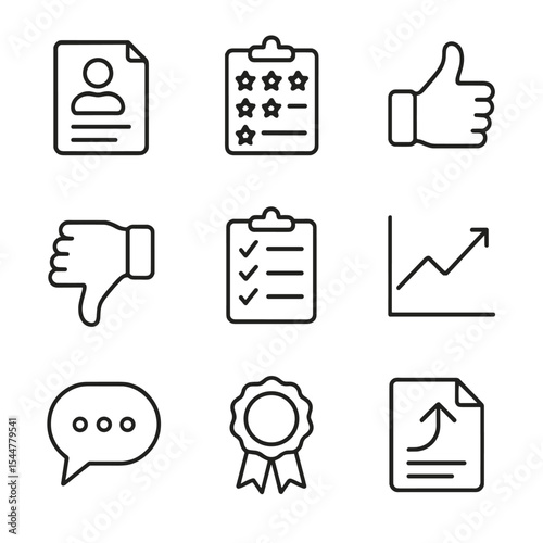 Supplier Evaluation Icons. Outline icon set of supplier evaluation flowchart: supplier profile, scorecard, thumbs up, thumbs down,