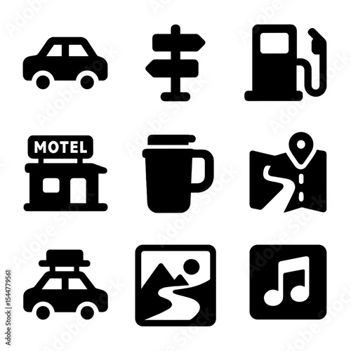 Road Trip Icons. Solid, filled icons set of road trip adventure: car icon, route sign, gas station, roadside