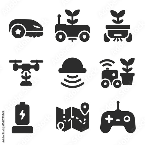 Robotic Gardening Icon Set. Solid, filled icons set of robotic gardening devices: lawn mowing robot, robotic