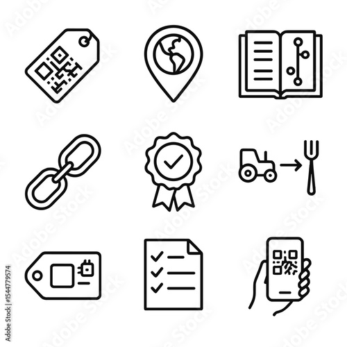 Supply Chain Icons. Outline icon set of supply chain transparency: QR code tag, origin map pin, traceability ledger, blockchain