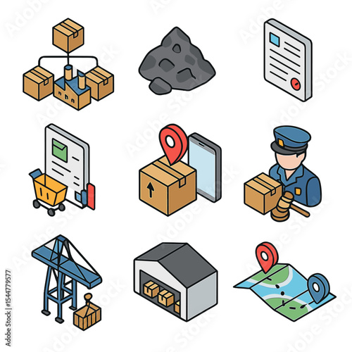 Supply Chain Icons. Isometric Flat icon set of supply chain management: supplier network, raw material pile, procurement document,