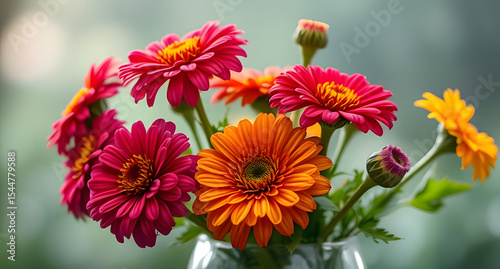 Enchanted bouquet of zinnias in glass vase, under morning dew