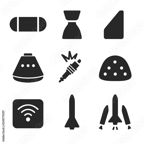 Rocket Technology Icons. Solid, filled icons set of rocket technology components: fuel tank, engine nozzle,