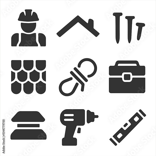 Roofing Services Icons. Solid, filled icons set of residential roofing services: worker, pitched roof, roofing