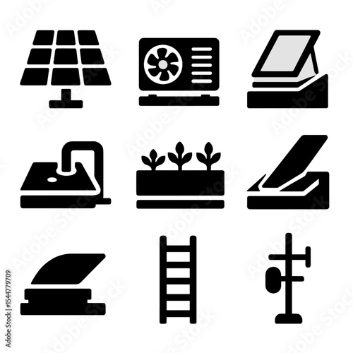Rooftop Technology Icons. Solid, filled icons set of rooftop technology integration: solar panel, HVAC system,