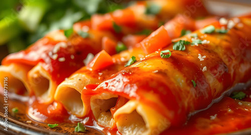 Enchiladas styled vibrant, placed in macro detail, captured in macro detail