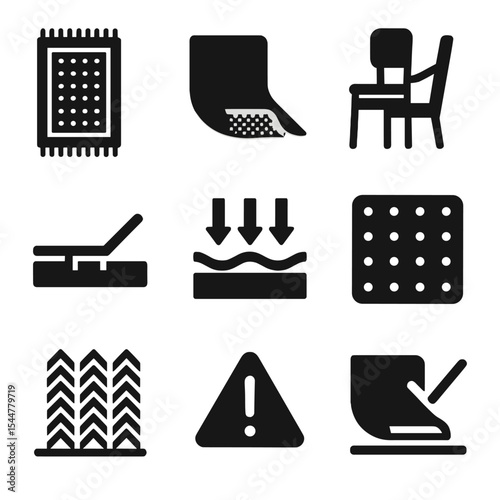 Rug Safety Icon Set. Solid, filled icons set of rug safety enhancements: anti-slip mat, rubber grip, furniture