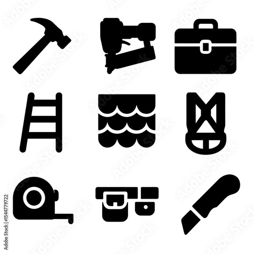 Roofing Tools Icons. Solid, filled icons set of roofing equipment and tools: roofing hammer, nail gun, toolbox