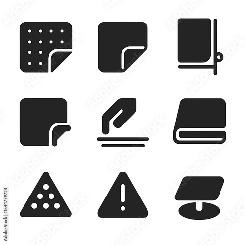 Rug Safety Icon Set. Solid, filled icons set of rug safety enhancements: anti-slip mat, rubber grip, furniture