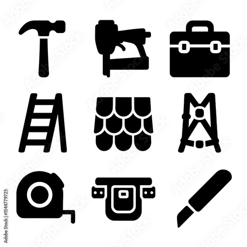 Roofing Tools Icons. Solid, filled icons set of roofing equipment and tools: roofing hammer, nail gun, toolbox