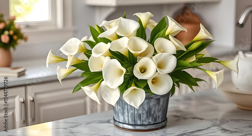 Enchanted bouquet of calla lilies in rustic bucket, on marble countertop