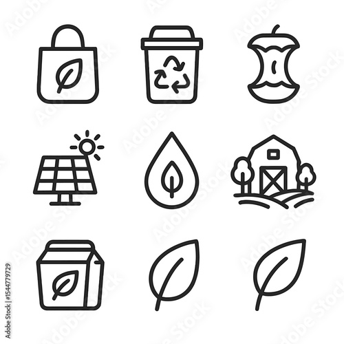 Sustainability Icon Set. Outline icon set of sustainability practices: reusable bag, recycling bin, compost bin, organic label,