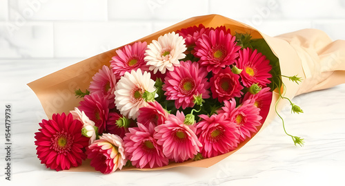 Draped in chrysanthemums arranged in a craft paper wrap, on marble countertop