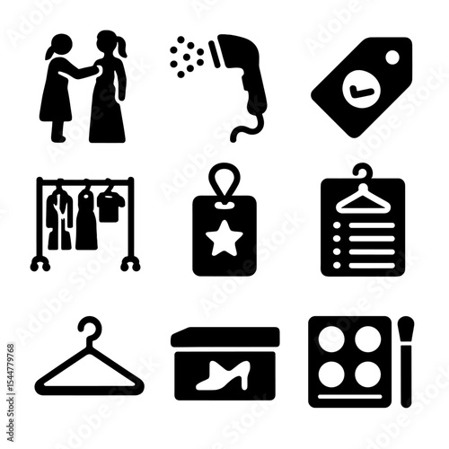 Runway Preparation Icons. Solid, filled icons set of runway garment preparation: final fitting, steamer tool,