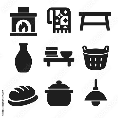 Rural Comfort Icons. Solid, filled icons set of rural home comfort and charm: warm hearth, cozy quilt,