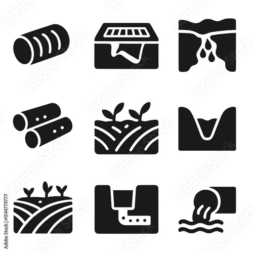 Rural Drainage Icons. Solid, filled icons set of rural field drainage trench: field pipe, trench grid, water