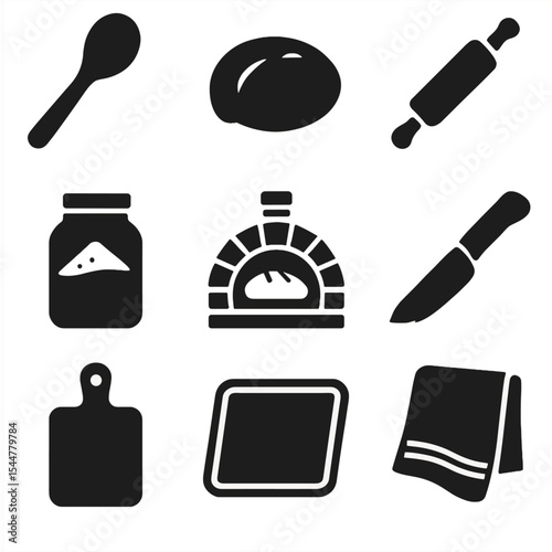 Rustic Baking Icons. Solid, filled icons set of rustic baking essentials: wooden spoon, dough ball, rolling