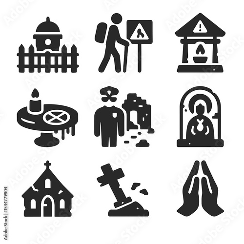 Sacred Spaces Icons. Solid, filled icons set of threatened sacred spaces: fenced spiritual site, closed