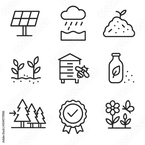 Sustainable Viticulture Icons. Outline icon set of sustainable viticulture practices: solar panel, rainwater harvesting, compost