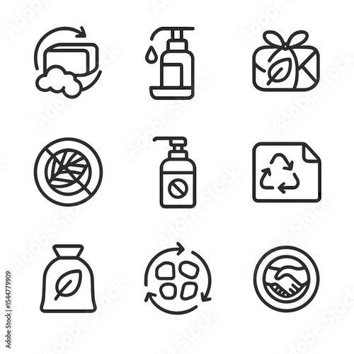 Sustainable Soap Icons. Outline icon set of sustainable soap practices: zero-waste bar, refill station tap, biodegradable wrap,