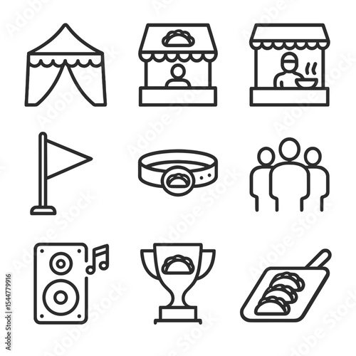 Taco Festival Icons. Outline icon set of taco festival elements: festival tent, vendor booth, cooking demo stage, banner flag,
