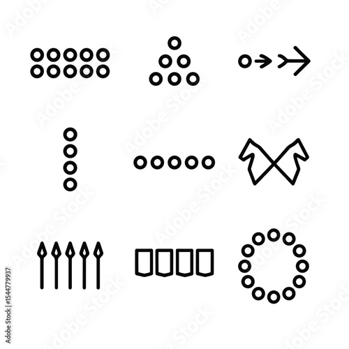 Tactical Formation Icons. Outline icon set of tactical formation layouts: phalanx line, wedge formation, flanking arrow, reserve
